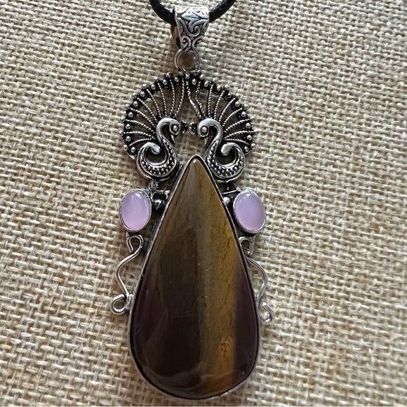 New Unique Tigers Eye Peacock Pink Chalcedony Silver Overlay Pendant Necklace - Picture 4 of 6